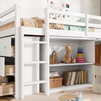 Lit mezzanine MAYEERTY avec tiroir, armoire de rangement et bureau coulissant, lit mezzanine en bois d'hévéa avec garde-corps et échelle, blanc