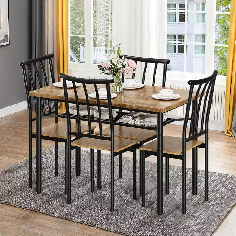 Modern Dining Table Set for 4, Metal and Wood Kitchen Table, Square Kitchen Table Set, for Breakfast Nook, Living Room