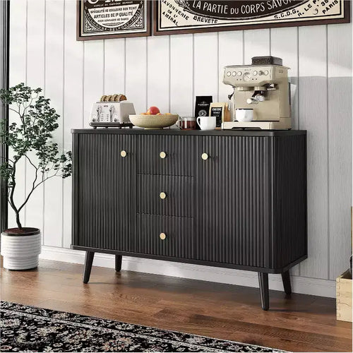 47 Sideboard Buffet Cabinet with Drawers, Fluted Accent Storage Cabinet with 2 Doors and 3 Drawers, Black