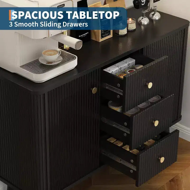 Buffet de salle à manger 47 po avec tiroirs, armoire de rangement à cannelures avec 2 portes et 3 tiroirs, noir