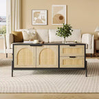Table basse en rotin avec 2 tiroirs de rangement et étagère ouverte pour la maison ou le bureau,