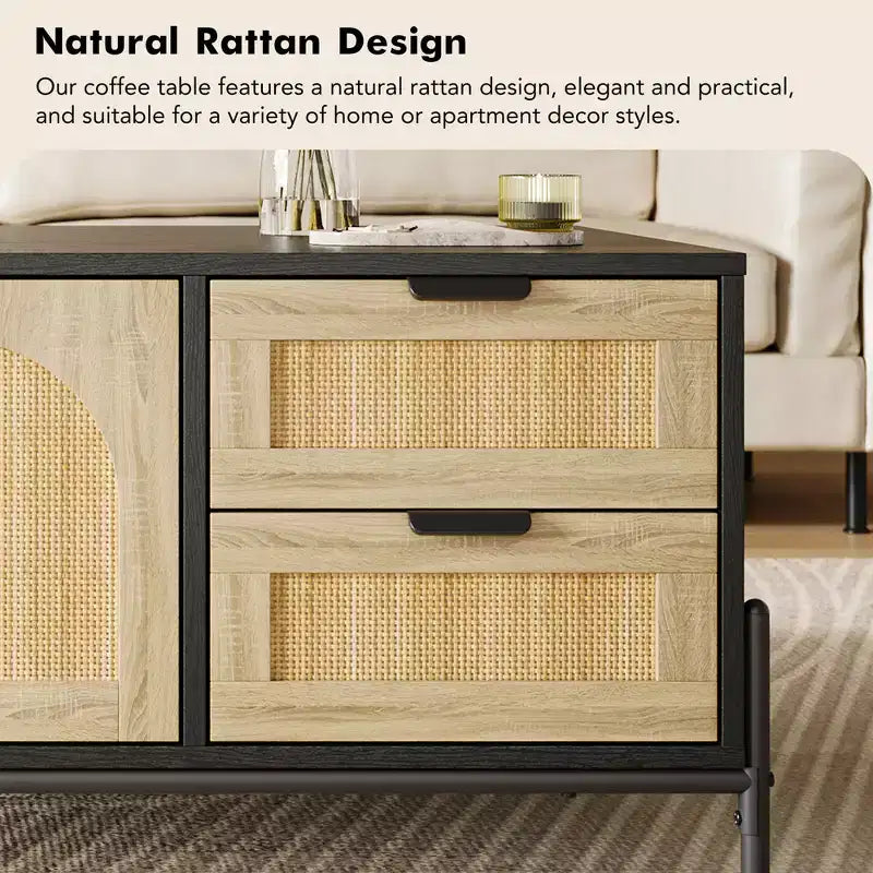 Table basse en rotin avec 2 tiroirs de rangement et étagère ouverte pour la maison ou le bureau,