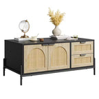 Table basse en rotin avec 2 tiroirs de rangement et étagère ouverte pour la maison ou le bureau,