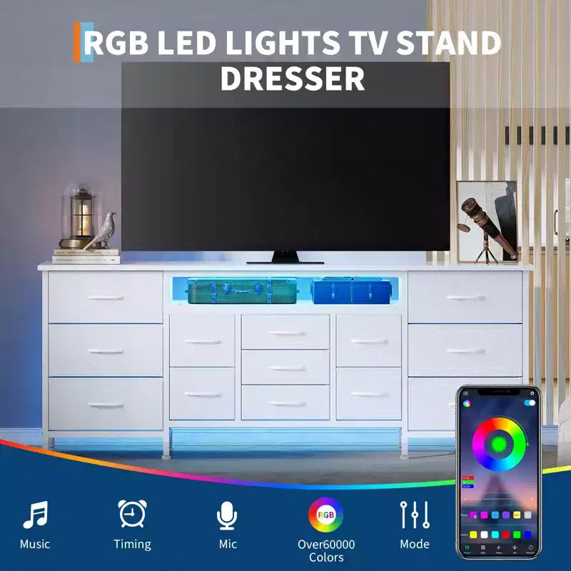 Commode de 178 cm avec 13 tiroirs, meuble TV pour téléviseurs de 65 à 80 pouces avec station de recharge, organisateur de rangement en tissu pour chambre et salon