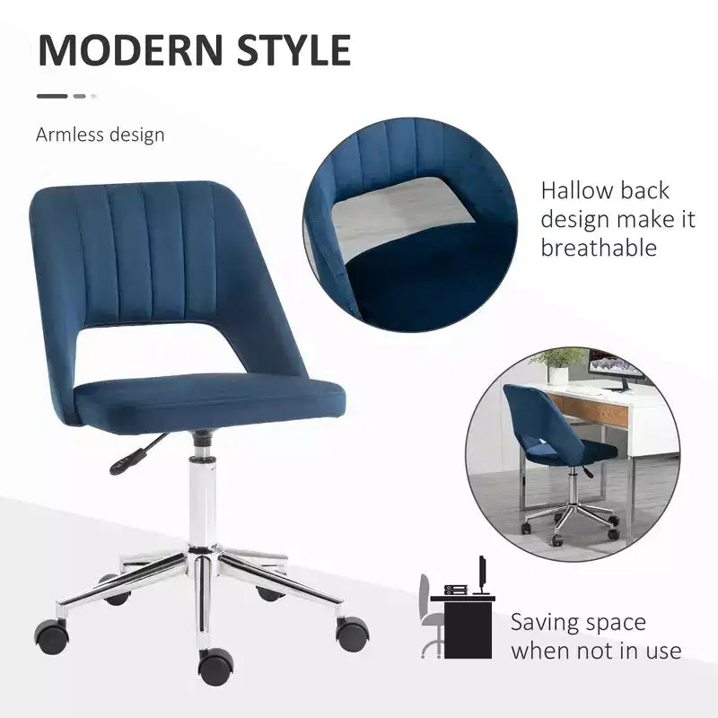 Chaise de bureau moderne à dossier mi-hauteur en velours, chaise d'ordinateur pivotante sans accoudoirs avec dossier ajouré pour bureau à domicile