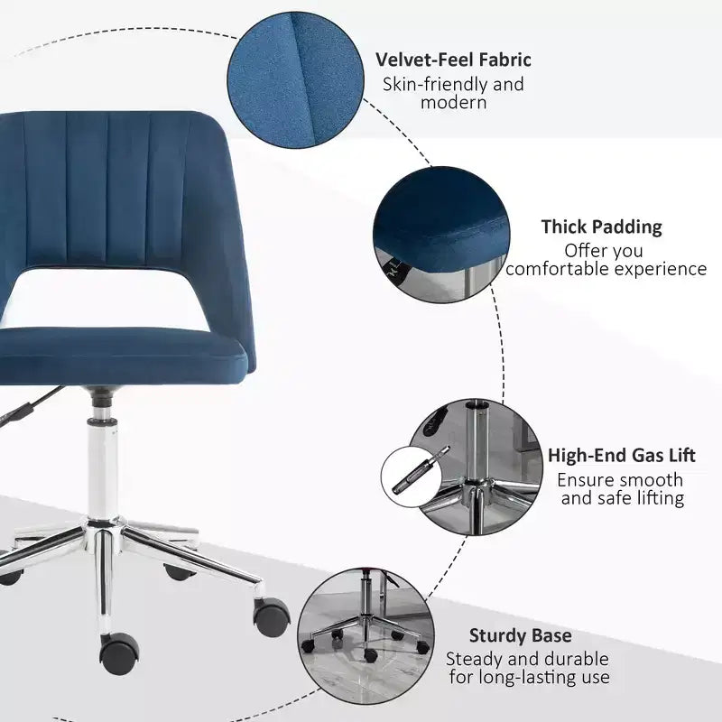 Chaise de bureau moderne à dossier mi-hauteur en velours, chaise d'ordinateur pivotante sans accoudoirs avec dossier ajouré pour bureau à domicile