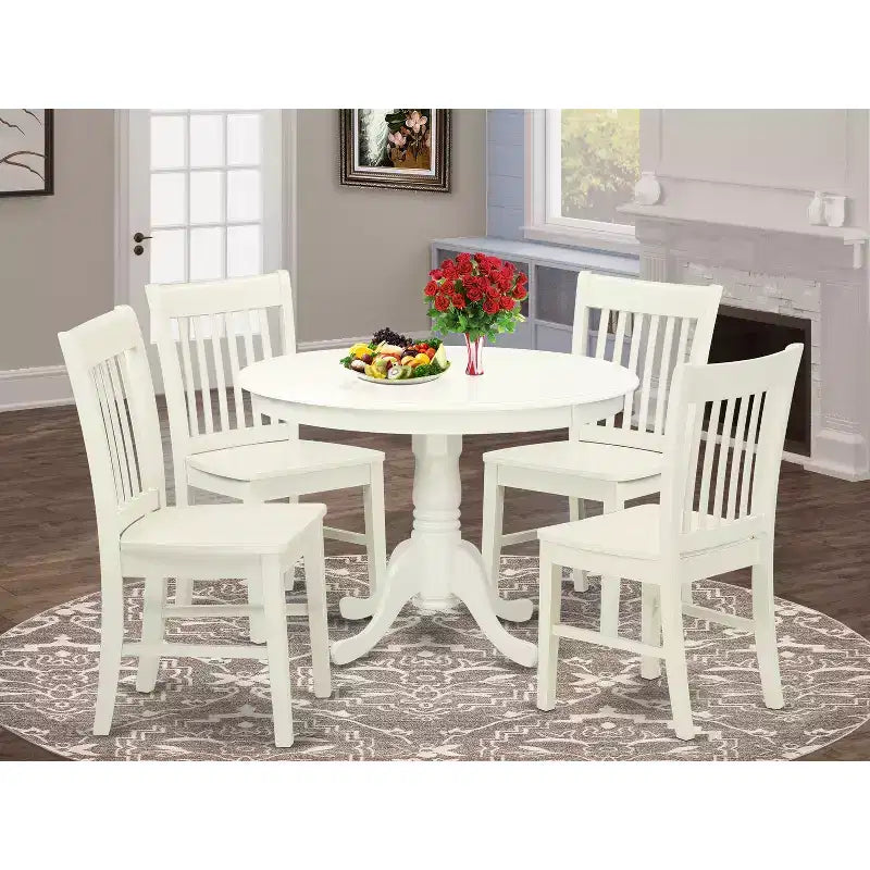 Ensemble Table à Manger pour 4 - Table de Cuisine Ronde 107 cm avec 4 Chaises - Fini Blanc Lin