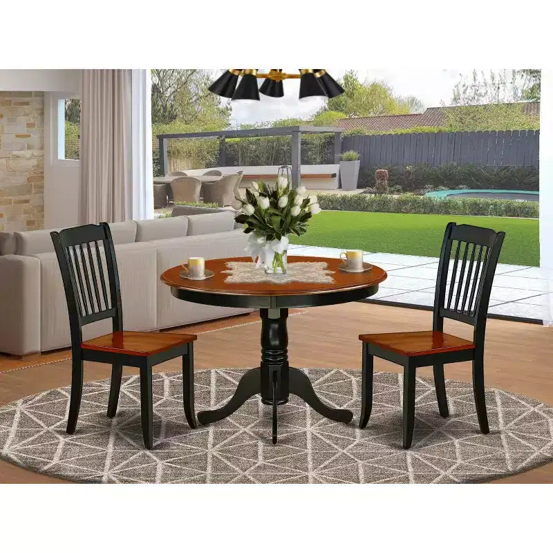 Ensemble Table de Cuisine Bohème - Salle à Manger 3 Pièces pour Petits Espaces - Table Ronde et 2 Chaises - 107 cm - Merisier Noir