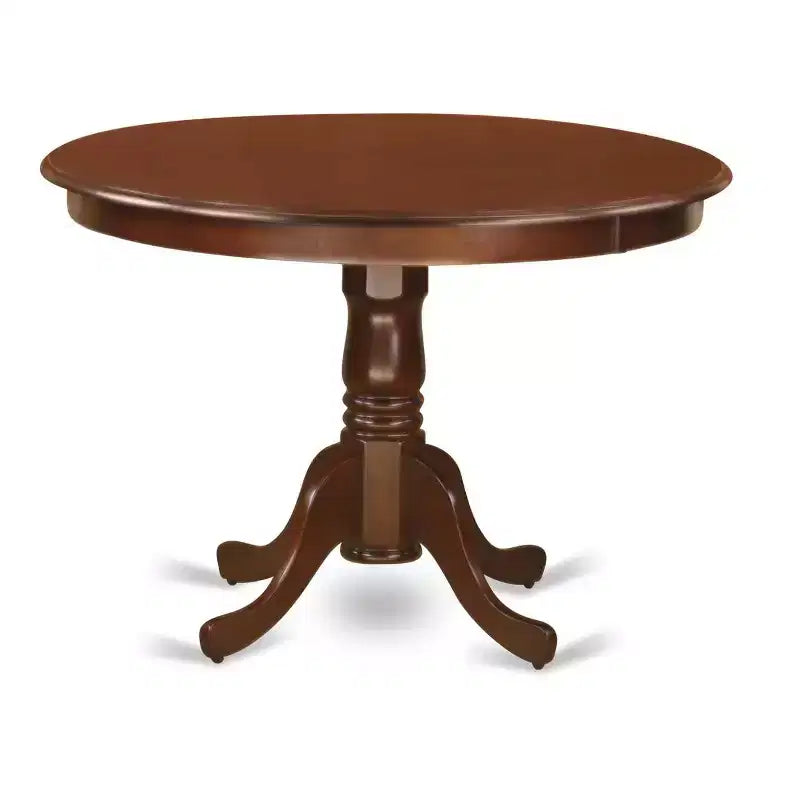 Table à manger ronde 5 pièces HomeStock avec plateau en bois massif finition acajou et 4 chaises à dossier croisé