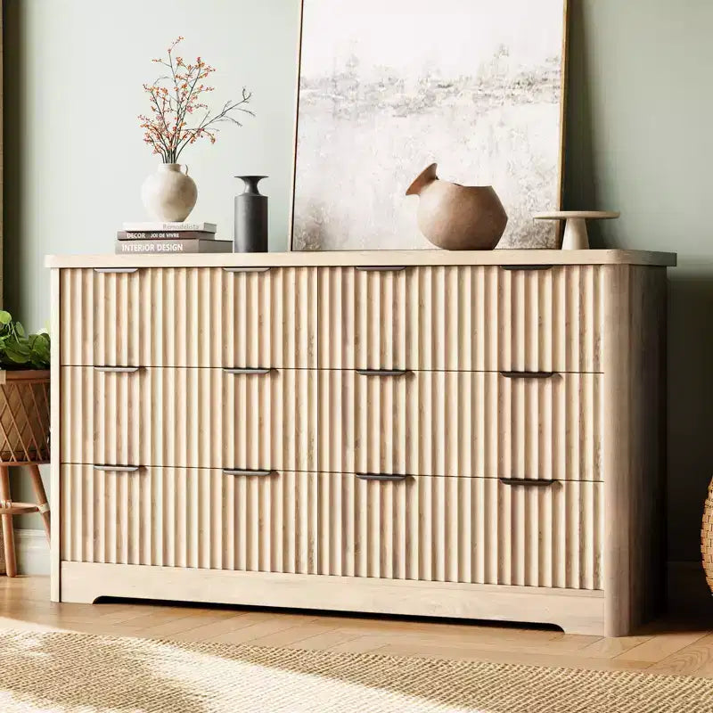 Commode à 6 tiroirs cannelés COZONY, meuble de rangement moderne, grand plateau, support TV pour chambre et salon