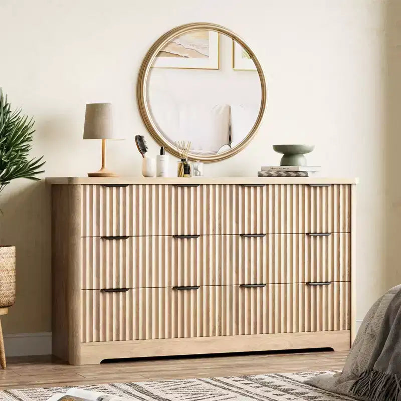 Commode à 6 tiroirs cannelés COZONY, meuble de rangement moderne, grand plateau, support TV pour chambre et salon
