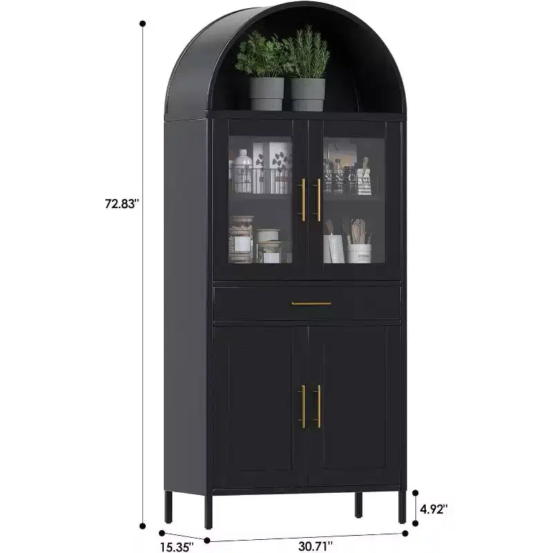 COZONY Armoire haute métallique arquée, Bibliothèque de garde-manger avec porte vitrée et tiroir Étagères réglables pour salon et cuisine