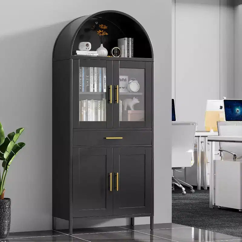 COZONY Armoire haute métallique arquée, Bibliothèque de garde-manger avec porte vitrée et tiroir Étagères réglables pour salon et cuisine