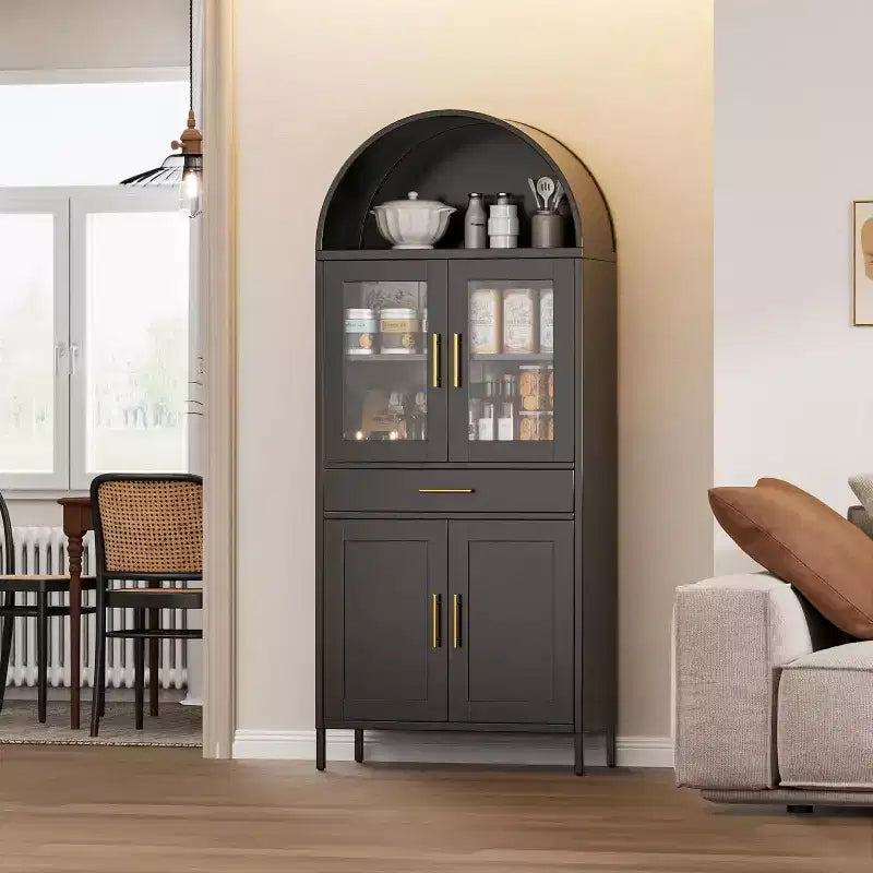 COZONY Armoire haute métallique arquée, Bibliothèque de garde-manger avec porte vitrée et tiroir Étagères réglables pour salon et cuisine