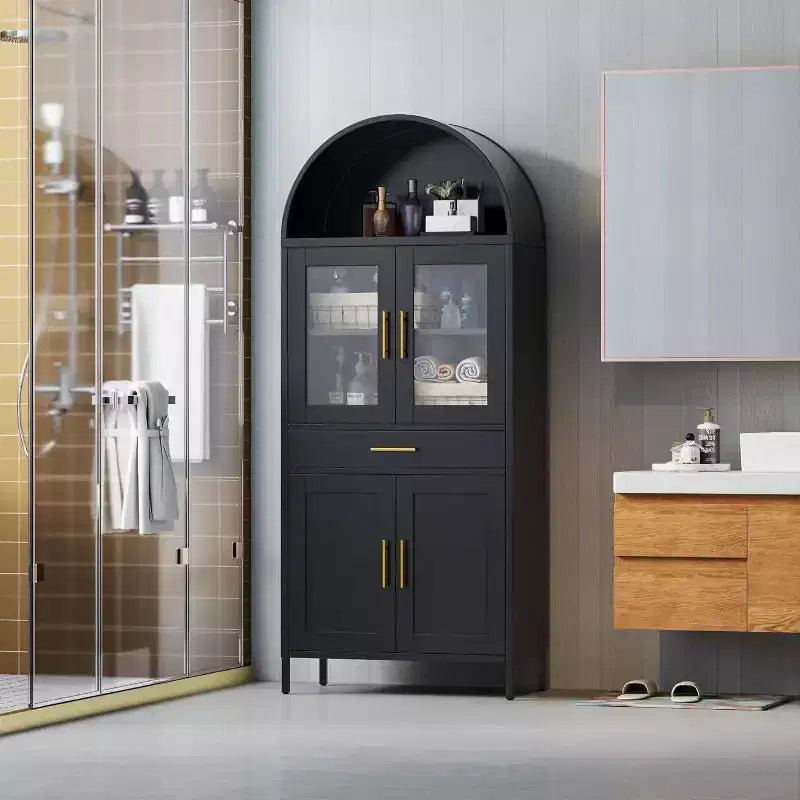 COZONY Armoire haute métallique arquée, Bibliothèque de garde-manger avec porte vitrée et tiroir Étagères réglables pour salon et cuisine