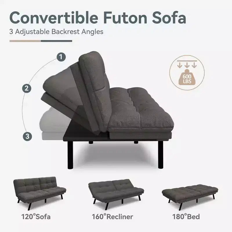 Dyonery 71 Canapé-lit futon convertible moderne, canapé-lit en lin avec coussins amovibles, dossier et accoudoirs réglables pour salon