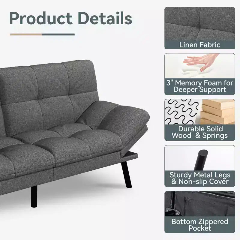 Dyonery 71 Canapé-lit futon convertible moderne, canapé-lit en lin avec coussins amovibles, dossier et accoudoirs réglables pour salon