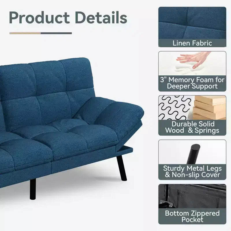 Dyonery 71 Canapé-lit futon convertible moderne, canapé-lit en lin avec coussins amovibles, dossier et accoudoirs réglables pour salon