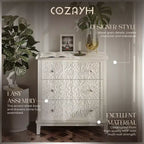 COZAYH Commode 3 tiroirs motif floral pour maison et chambre à coucher, entièrement assemblée, blanc