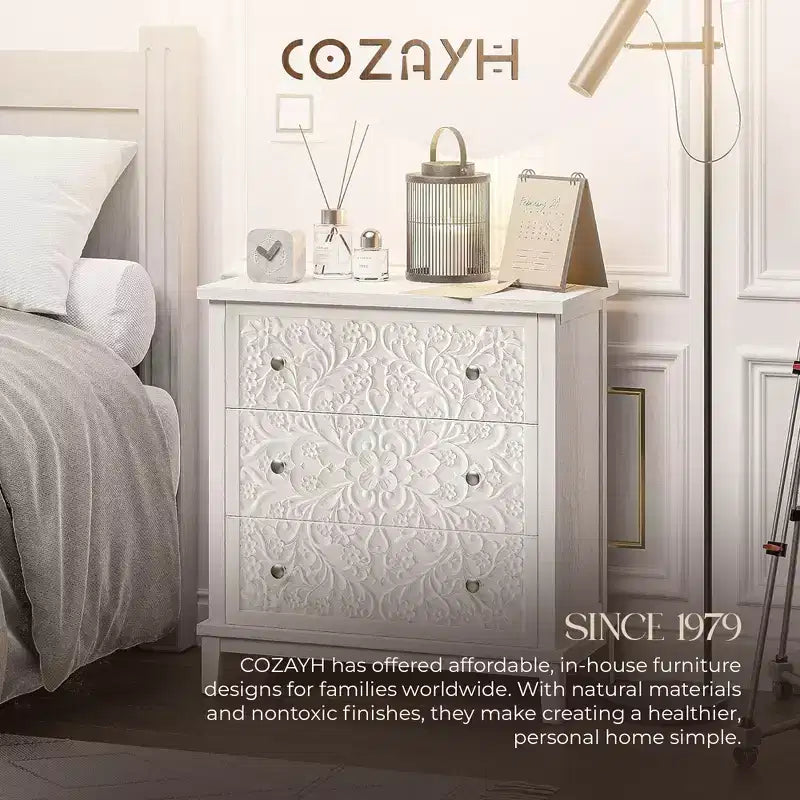 COZAYH Commode 3 tiroirs motif floral pour maison et chambre à coucher, entièrement assemblée, blanc