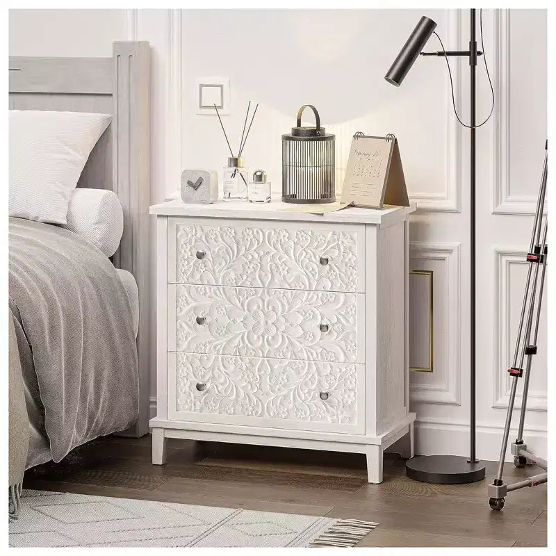 COZAYH Commode 3 tiroirs motif floral pour maison et chambre à coucher, entièrement assemblée, blanc