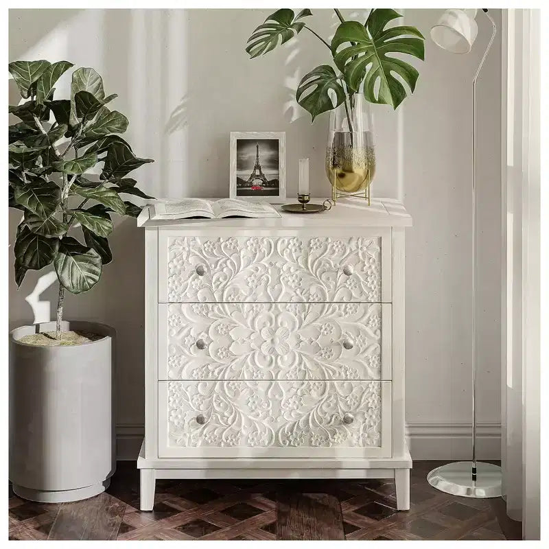 COZAYH Commode 3 tiroirs motif floral pour maison et chambre à coucher, entièrement assemblée, blanc