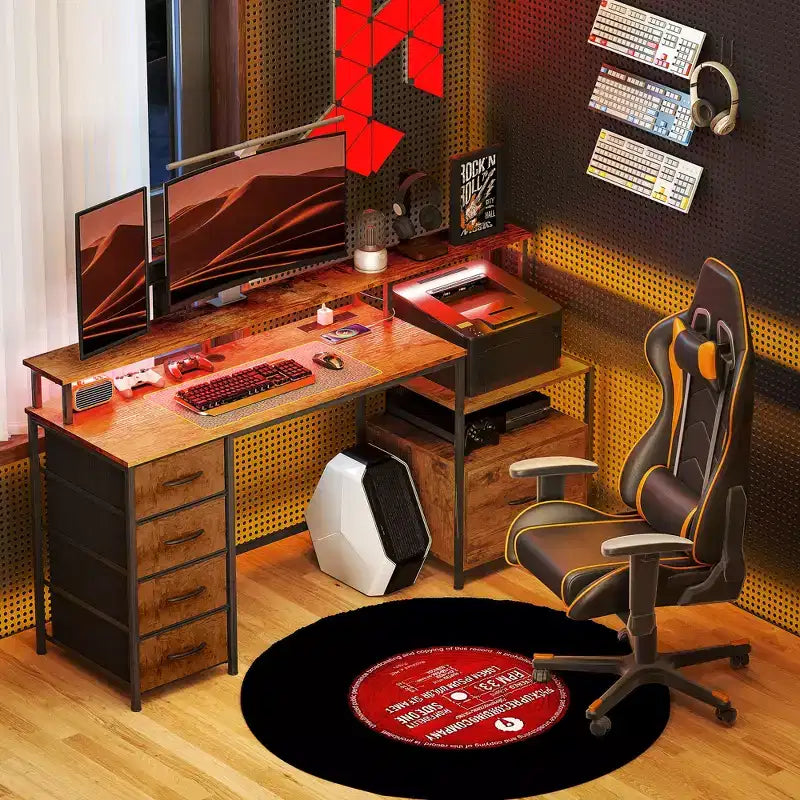 Bureau d'ordinateur avec prises de courant et lumières LED, table d'ordinateur de 67 pouces avec classeur et tiroirs en tissu