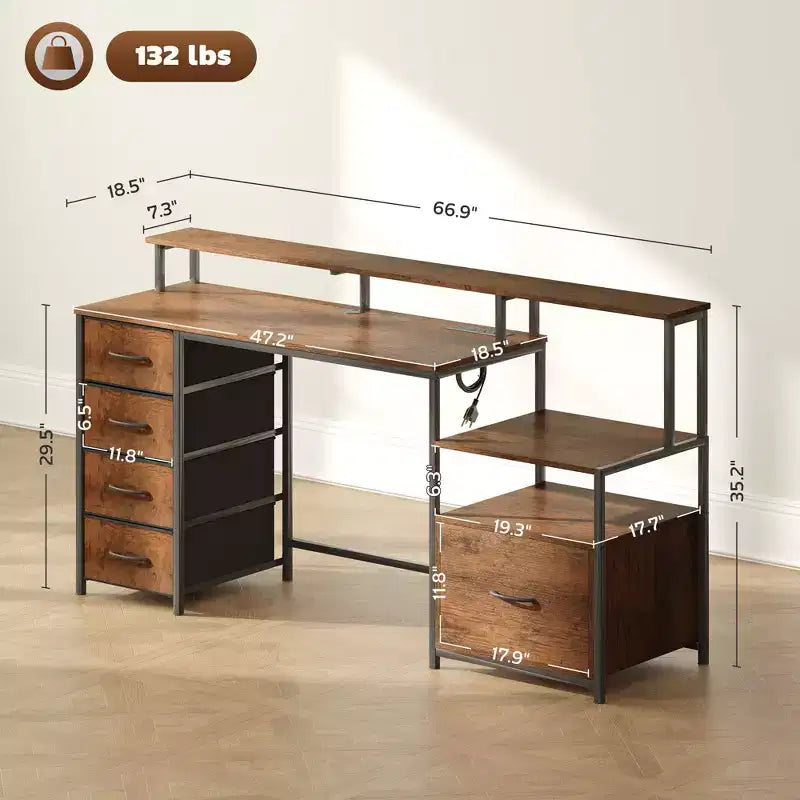 Bureau d'ordinateur avec prises de courant et lumières LED, table d'ordinateur de 67 pouces avec classeur et tiroirs en tissu