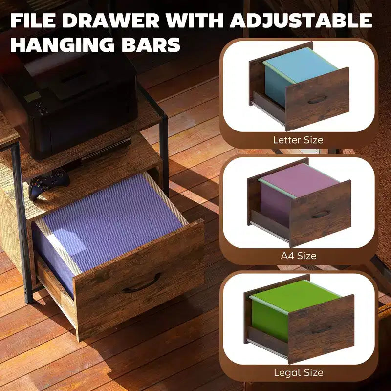 Bureau d'ordinateur avec prises de courant et lumières LED, table d'ordinateur de 67 pouces avec classeur et tiroirs en tissu