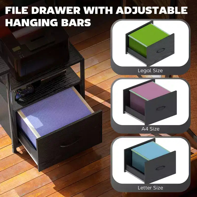 Bureau d'ordinateur avec prises de courant et lumières LED, table d'ordinateur de 67 pouces avec classeur et tiroirs en tissu