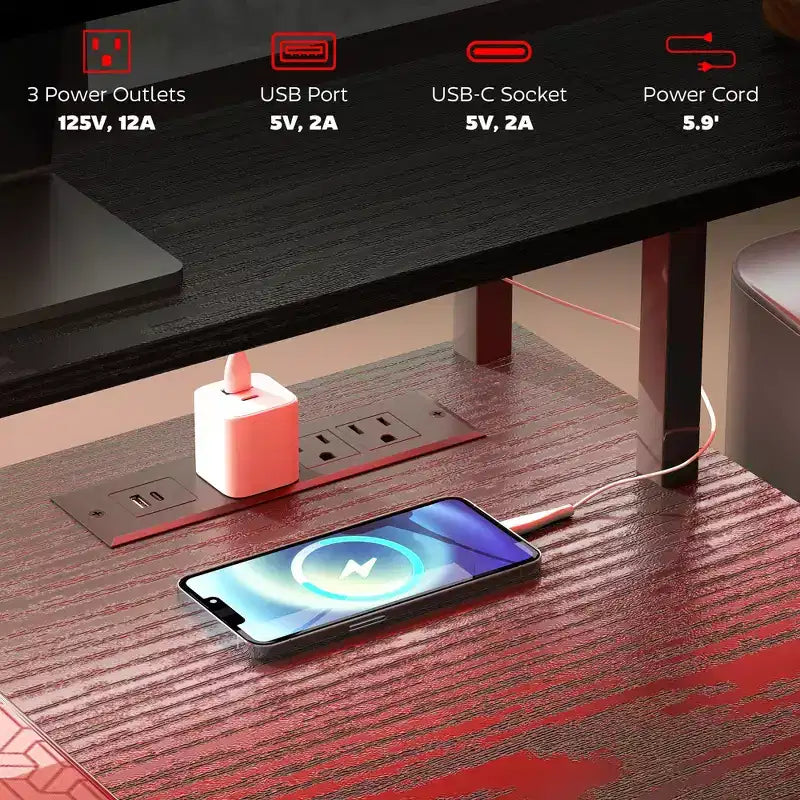 Bureau d'ordinateur avec prises de courant et lumières LED, table d'ordinateur de 67 pouces avec classeur et tiroirs en tissu