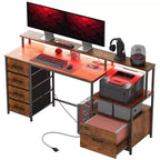 Bureau d'ordinateur avec prises de courant et lumières LED, table d'ordinateur de 67 pouces avec classeur et tiroirs en tissu