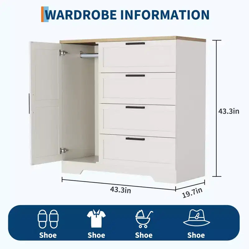 Armoire en bois avec 4 tiroirs et portes, penderie de chambre, rangement de vêtements, inclut une tringle à vêtements, convient aux chambres