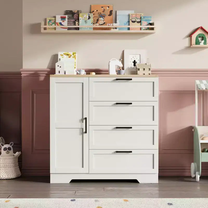 Armoire en bois avec 4 tiroirs et portes, penderie de chambre, rangement de vêtements, inclut une tringle à vêtements, convient aux chambres