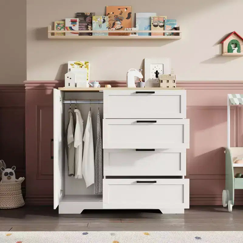 Armoire en bois avec 4 tiroirs et portes, penderie de chambre, rangement de vêtements, inclut une tringle à vêtements, convient aux chambres