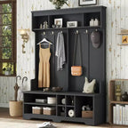 Meuble d'entrée moderne Okak avec 6 crochets métalliques et grand espace de rangement, porte-manteau avec casiers à chaussures et banc, patère pour salon, entrée, noir