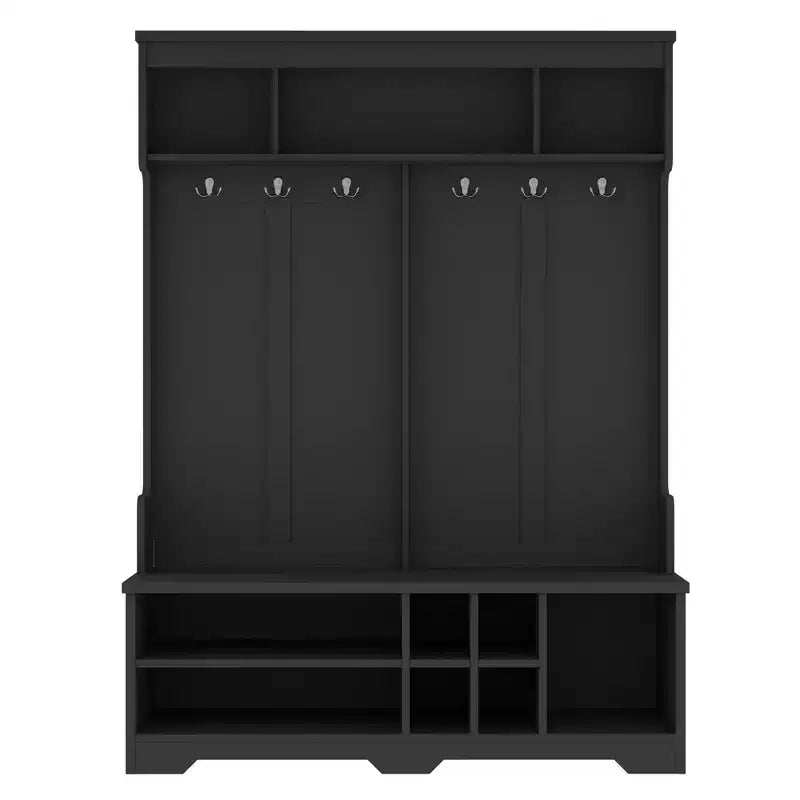 Meuble d'entrée moderne Okak avec 6 crochets métalliques et grand espace de rangement, porte-manteau avec casiers à chaussures et banc, patère pour salon, entrée, noir
