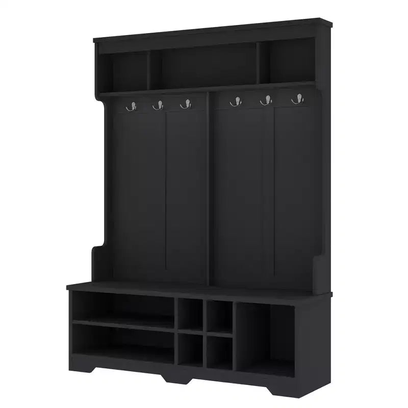 Meuble d'entrée moderne Okak avec 6 crochets métalliques et grand espace de rangement, porte-manteau avec casiers à chaussures et banc, patère pour salon, entrée, noir