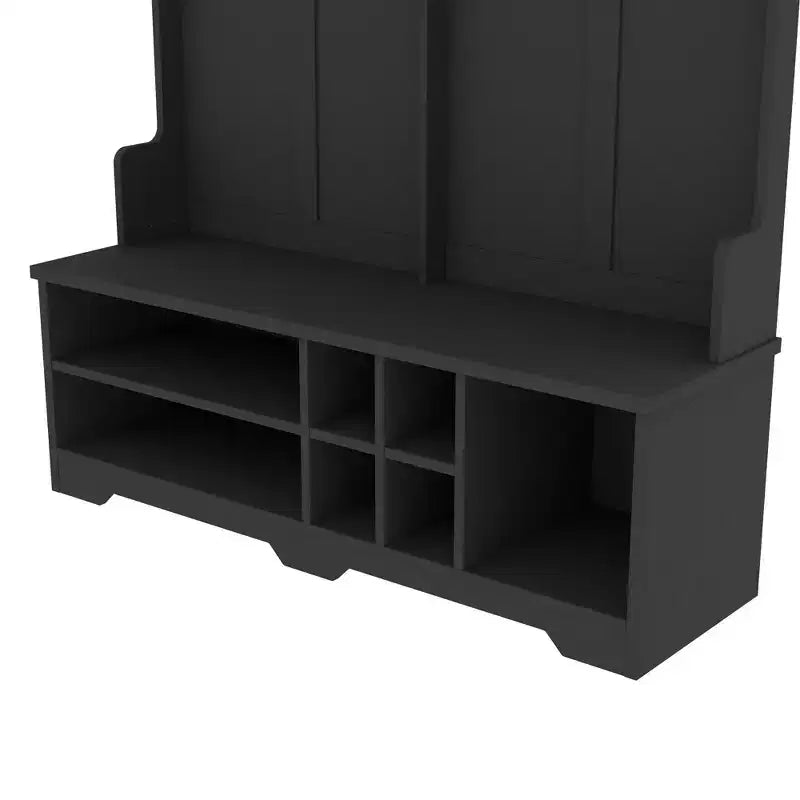 Meuble d'entrée moderne Okak avec 6 crochets métalliques et grand espace de rangement, porte-manteau avec casiers à chaussures et banc, patère pour salon, entrée, noir