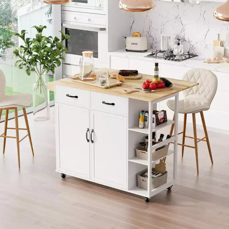 43 White Rolling Kitchen Island Cart C Fold-Down Drop-Leaf Table with Storage Drawer & Towel Rack, Mobile Breakfast Bar for Kitchen & Dining