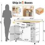 43 pouces Chariot de cuisine blanc sur roulettes avec table rabattable, tiroir de rangement et porte-serviettes, bar à petit-déjeuner mobile pour la cuisine et la salle à manger