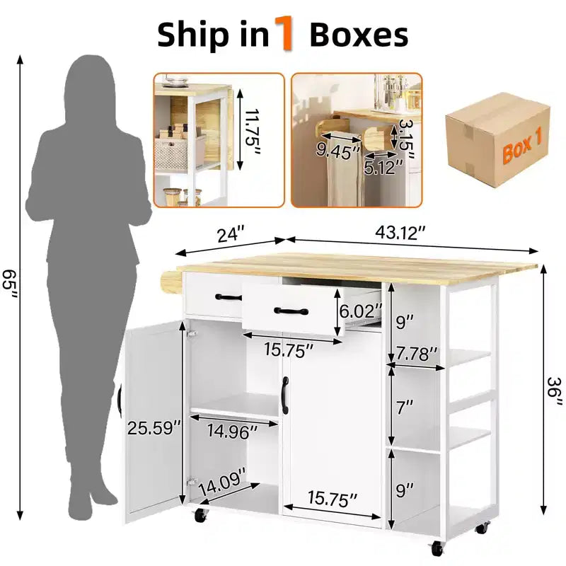 43 pouces Chariot de cuisine blanc sur roulettes avec table rabattable, tiroir de rangement et porte-serviettes, bar à petit-déjeuner mobile pour la cuisine et la salle à manger