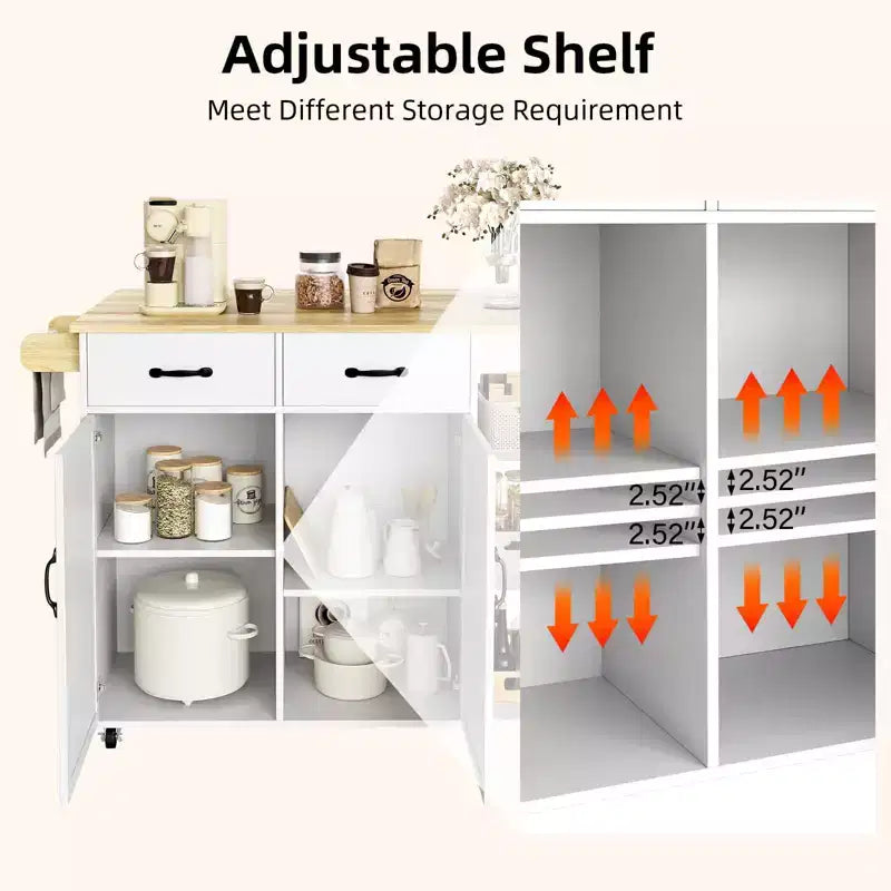 43 pouces Chariot de cuisine blanc sur roulettes avec table rabattable, tiroir de rangement et porte-serviettes, bar à petit-déjeuner mobile pour la cuisine et la salle à manger