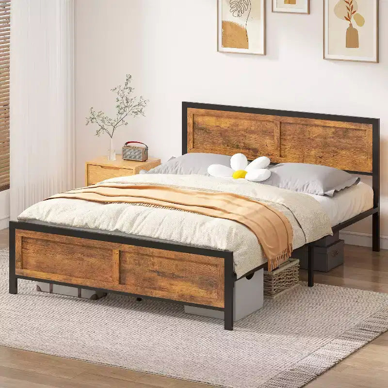 Le cadre de lit à lattes de style rétro de Dyonery convient aux matelas d'une hauteur allant de 10 à 14 pouces.