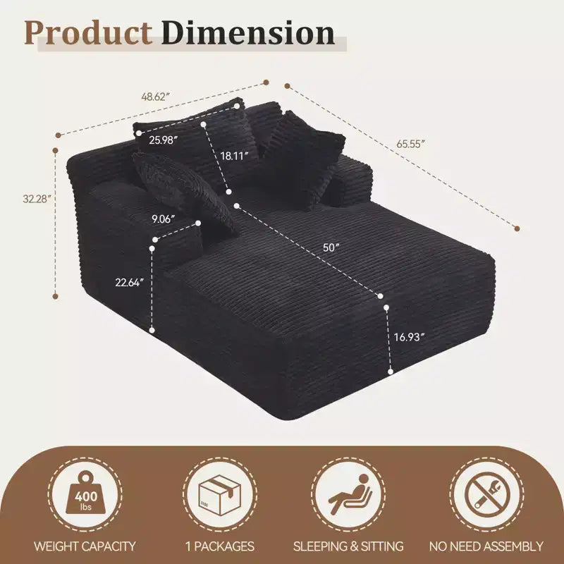 Efomao 66inx48in Chaise longue d'intérieur moderne en velours côtelé, canapé-lit profond avec accoudoirs, aucun assemblage requis, noir
