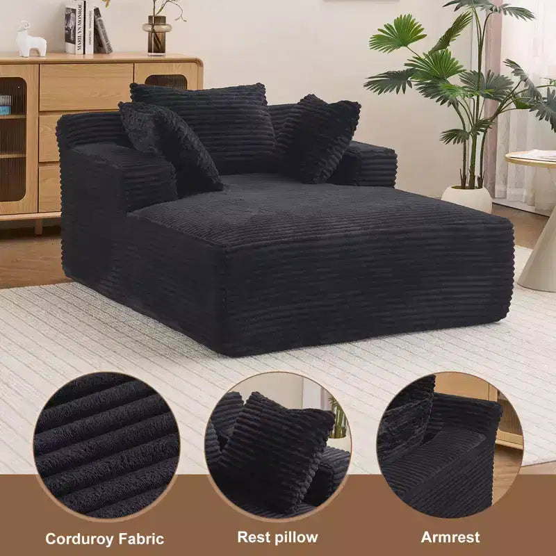 Efomao 66inx48in Chaise longue d'intérieur moderne en velours côtelé, canapé-lit profond avec accoudoirs, aucun assemblage requis, noir