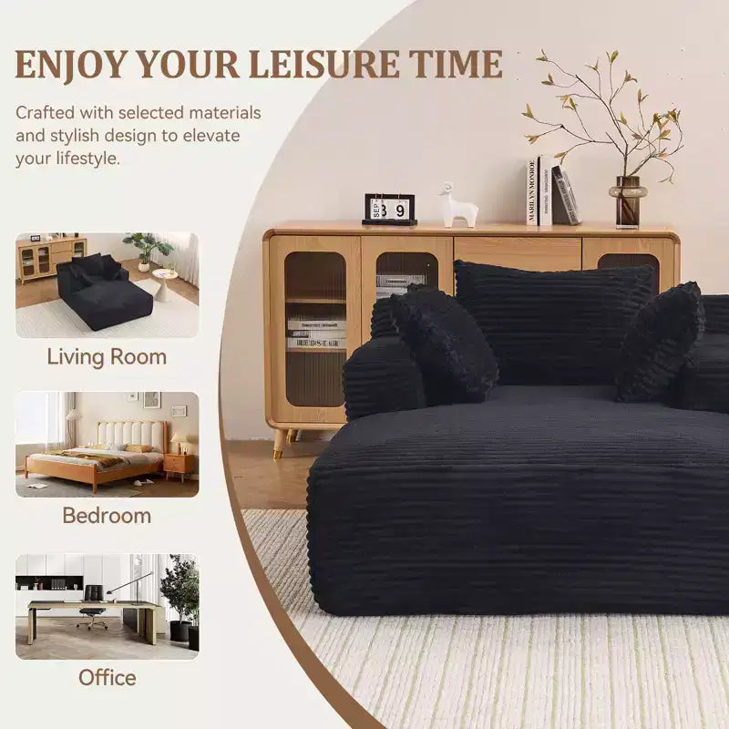 Efomao 66inx48in Chaise longue d'intérieur moderne en velours côtelé, canapé-lit profond avec accoudoirs, aucun assemblage requis, noir