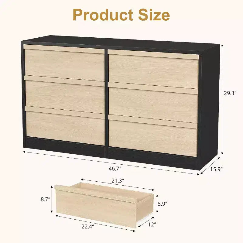 Commode à 6 tiroirs pour chambre à coucher, Organiseur de commode double moderne avec 6 tiroirs, Commode en bois pour salon, couloir, entrée
