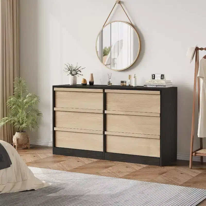 Commode à 6 tiroirs pour chambre à coucher, Organiseur de commode double moderne avec 6 tiroirs, Commode en bois pour salon, couloir, entrée