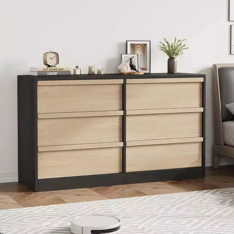 Commode à 6 tiroirs pour chambre à coucher, Organiseur de commode double moderne avec 6 tiroirs, Commode en bois pour salon, couloir, entrée